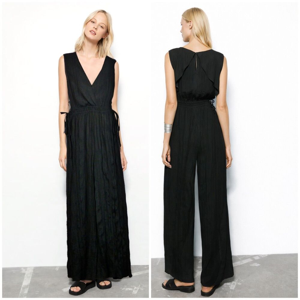 Zara Jumpsuit Womens M Black Sleeveless V-Neck Wrinkled Satin Effect Wide Legs